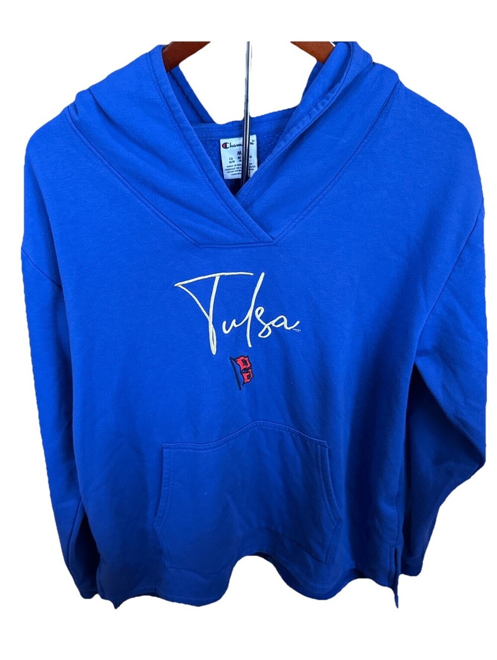 Champion Tulsa Hoodie Mens Medium Blue Embroidered Script Pullover Sweatshirt